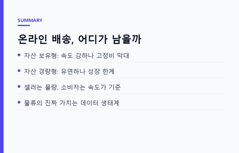 온라인 배송 어디가 남는 장사일까: 셀러·소비자·투자자 관점에서 따져본 배송 전략 5가지 수익성 비교